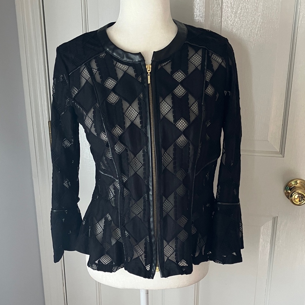 INC black peplum zip up jacket geometric lace EUC S
